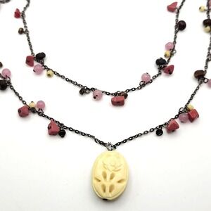 Vintage 2-Strand 16" Chain Beaded with Agate and Quartz Hand-carved Pendant